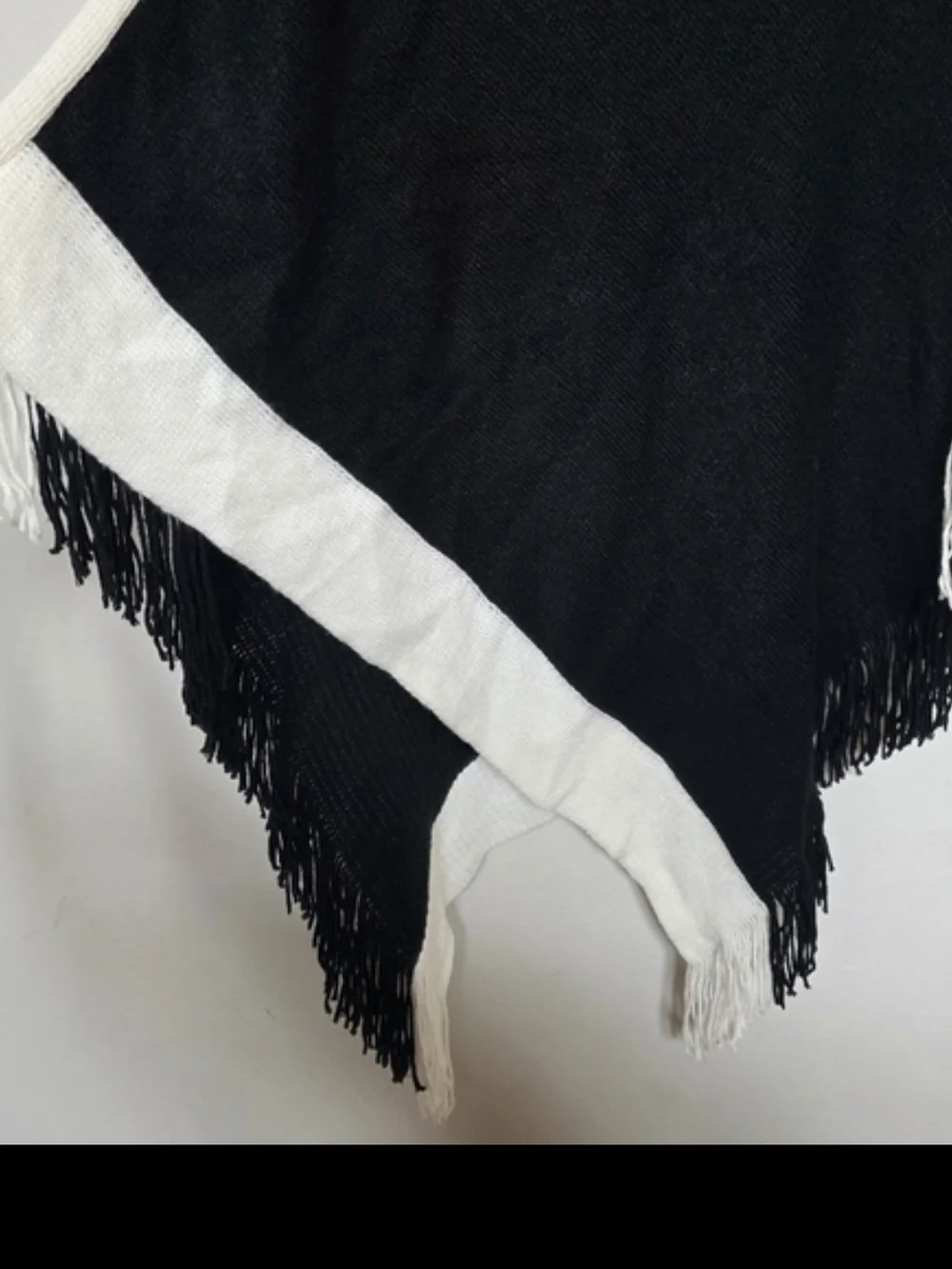 Black and White Fringe Poncho Sweater - Women OSFM